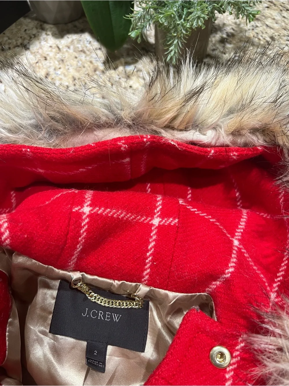JCrew Chateau Wool Parka Red White Windowpane Plaid Coat w/ Faux Fur Trim Hood 2